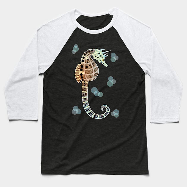 An illustration based on aboriginal style of dot painting depicting Seahorse Baseball T-Shirt by Dedoma